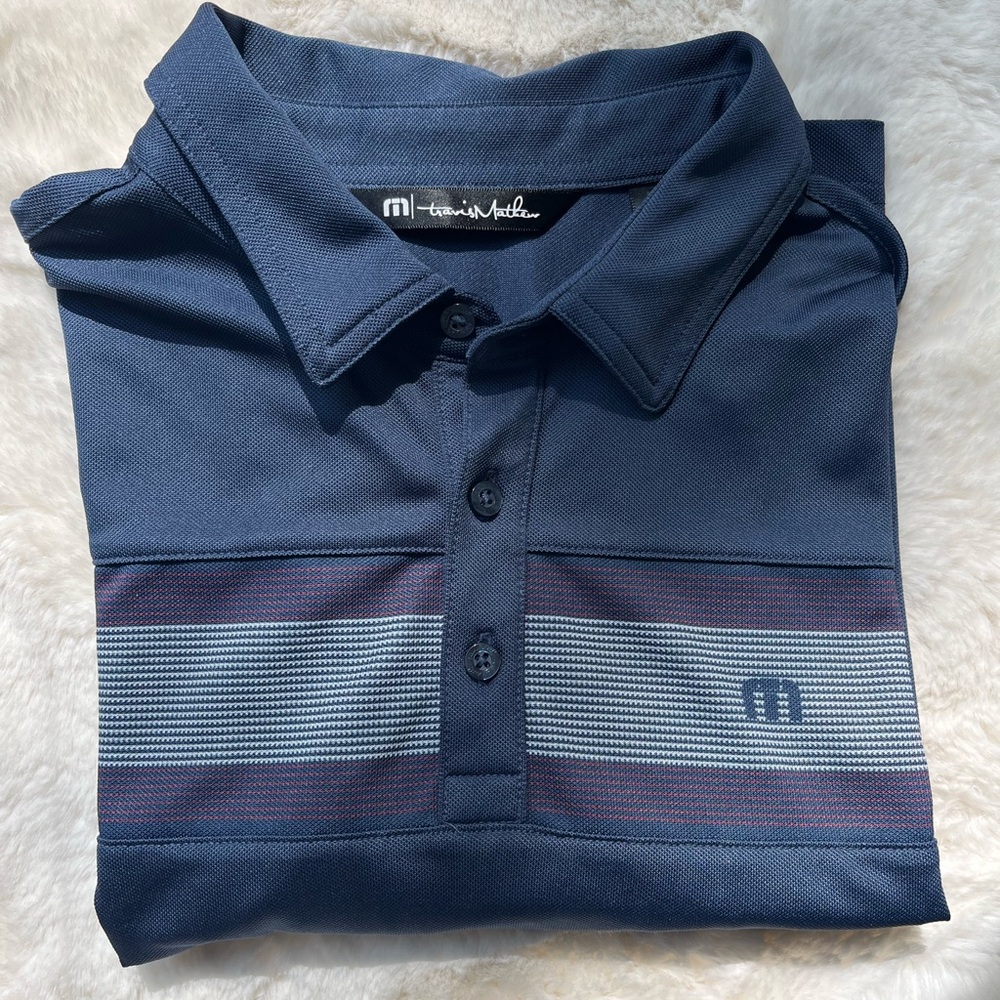 Travis Mathew Men's Navy Blue Polo with Red/white Striped Detail, Medium
